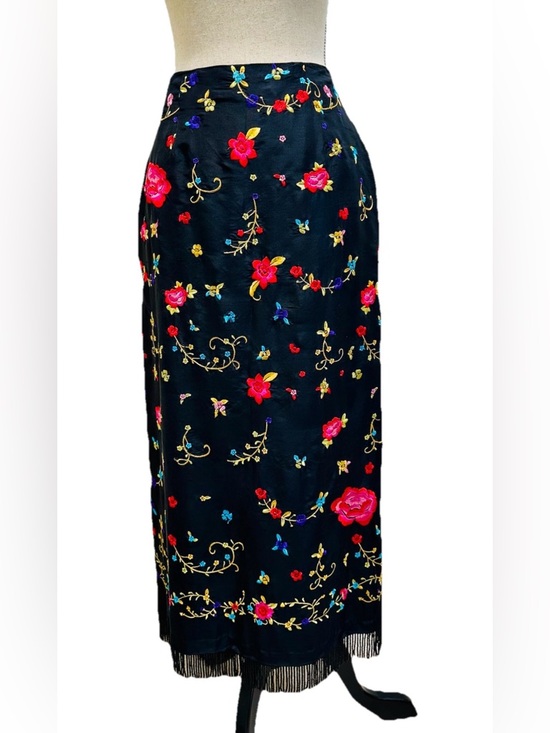 Clio Dresses & Skirts - Vintage 90’s CLIO Silk Maxi Skirt 4 Black Floral Embroidered Fringe Whimsy Fairy